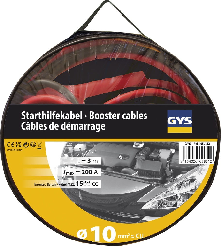 Starta vadi PRO 200A (1,5 l) - izolētas spailes - 10 mm² - 2 x 2,8 m (056312, GYS)