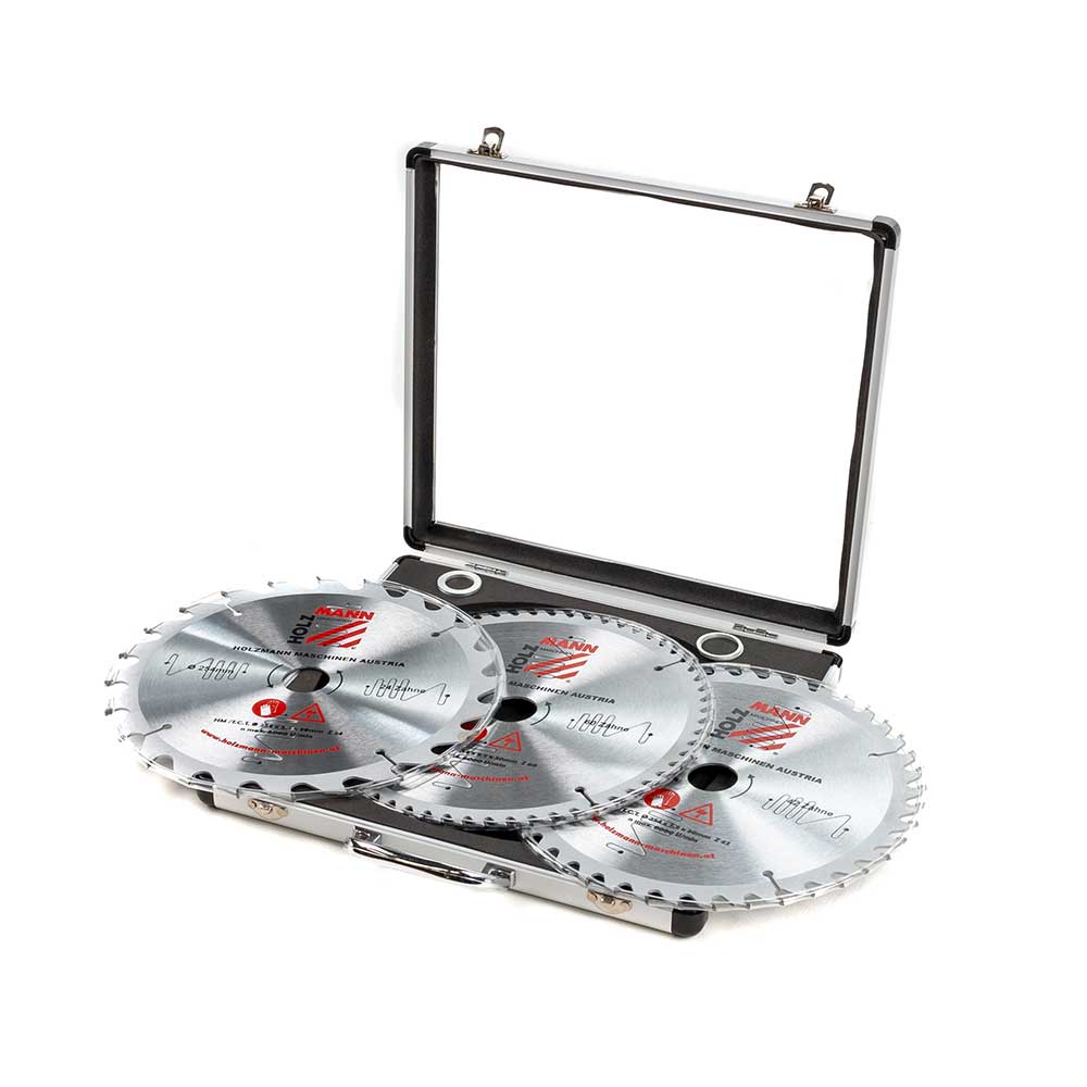 Cietmetāla zāģa disku komplekts alumīnija kārbā Ø254 mm, 3 gab. (KSB254SET, HOLZMANN)