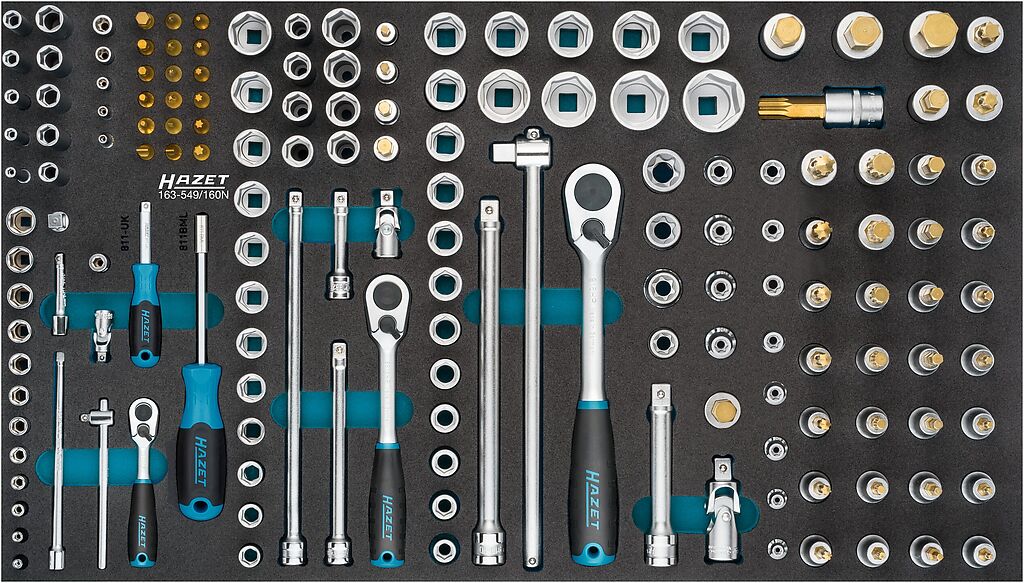 Galvučių ir įrankių rinkinys įdėkle, 160 dalių, 3–32 mm, E4–E24, M5–M18, PH1–PH2, PZ1–PZ2, T15–T60 (163-549/160N, HAZET)