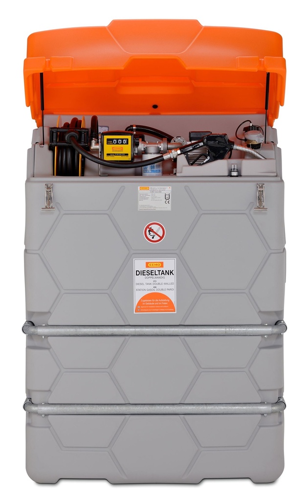 CUBE 1000 l diesel tank, outdoor, Premium, with hinged lid, K33 analogue flow meter, cartridge filter with water separator, hose reel with 8 m hose (10297, CEMO)