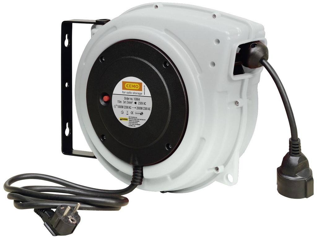 Cable reel closed, with swivel bracket for wall and ceiling installation, power cable 1.5 m, hose length 15 m, CEMO (10864)