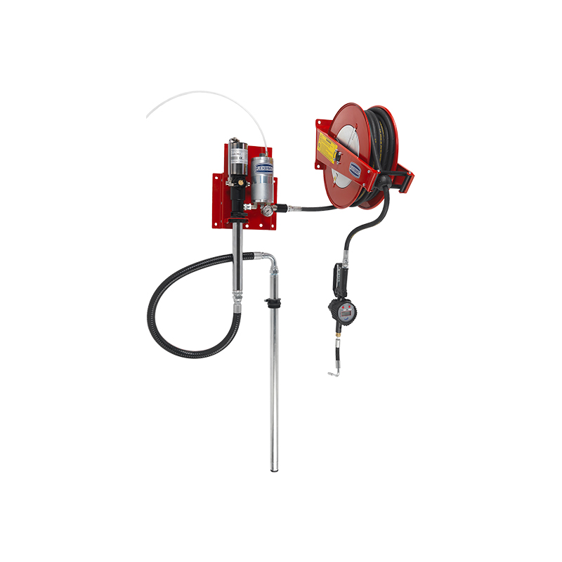 Stationary pneumatic oil dispensing kit with pneumatic pump, hose reel art. no. 9016 and digital meter gun art. no. 2962, FLEXBIMEC (2985)