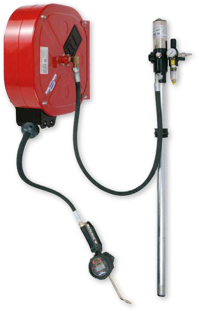 Oil distribution fixed unit with pump, hose reel art. no. 9023, hose 20 m length, digital oil meter gun art. no. 2962, pressure regulator. For 208 l drums, FLEXBIMEC (2994/20)