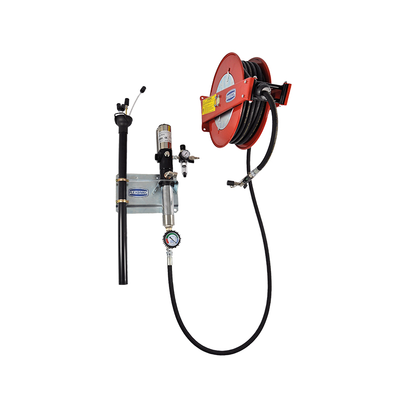 Wall mounted drain assembly kit for waste oil, diesel and hydraulic oil with standard air-operated pump and cabinet hose reel, Ø 1/2 in., 10 m hose (3199, FLEXBIMEC)