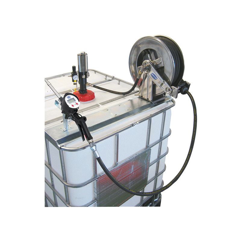 Pneumatic transfer system for AdBlue®/DEF with stainless-steel pneumatic pump, flow rate 13 l/min, 15 m hose, gun, meter, pressure regulator with gauge and water separator, bung adaptor and metal pump holder for IBC, FLEXBIMEC (6751)