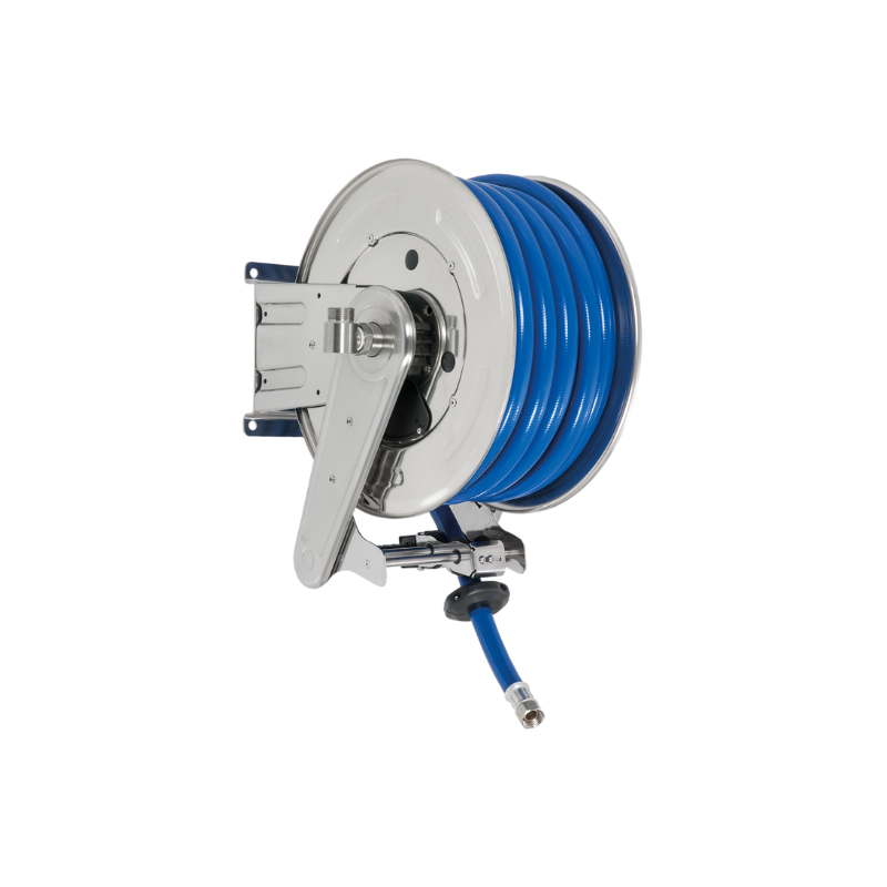 Automatinė spyruoklinė nerūdijančiojo plieno (AISI 304) žarnos ritė ANDROMEDA iki 10 m Ø1″ žarnai – diskas 434 mm, ritė 195 mm, būgnas 250 mm, su žarnos kreiptuvu (be žarnos) (AX4219151, FLEXBIMEC)