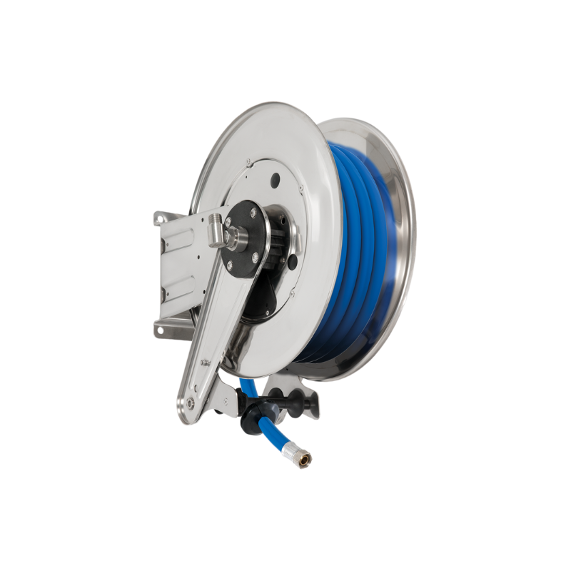 Nerūsējošā tērauda (AISI 304) automātiskais atsperu šļūtenes uztinējs ANDROMEDA līdz 25 m Ø1/2″ šļūtenei – disks 434 mm, spole 195 mm, veltnis 250 mm, bez šļūtenes vadošanas (bez šļūtenes) (ASGX4219250, FLEXBIMEC)