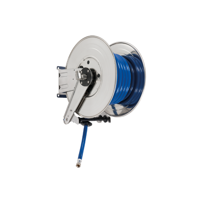 Automatinė spyruoklinė nerūdijančiojo plieno (AISI 304) žarnos ritė ANDROMEDA iki 25 m Ø1/2″ žarnai – diskas 540 mm, ritė 130 mm, būgnas 250 mm, be žarnos kreiptuvo (be žarnos) (ASGX5213250, FLEXBIMEC)