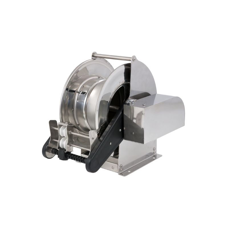 Nerūdijančiojo plieno (AISI 304) elektrinė 12 VDC motorizuota žarnos ritė SIRIO COMPACT serijos, skirta maks. 18 m Ø1/2″ žarnoms – diskas 434 mm – būgno plotis 130 mm – būgnas 250 mm – valdymo pultas pasirenkamas – su žarnos kreiptuvu (be žarnos), FLEXBIMEC (SCX1242130)
