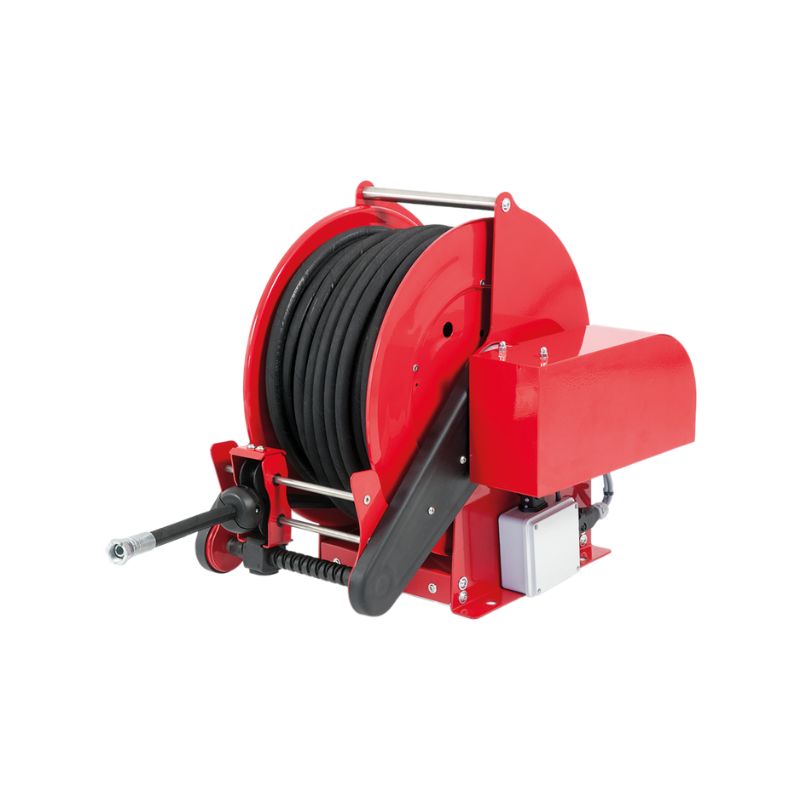 Dažyto plieno elektrinė 24 VDC motorizuota žarnos ritė SIRIO serija skirta maks. 15 mt Ø1" žarnoms - diskas 434 mm - būgno plotis 260 mm - būgnas 250 mm - valdymo pultas pasirenkamas - su žarnos kreipiamąja (be žarnos), FLEXBIMEC (SF2442261)