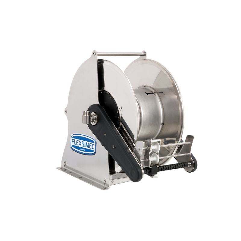 Nerūsējošā tērauda (AISI 304) hidrauliski motorizēta šļūteņu spole SIRIO sērija maks. 12 m Ø1″ šļūtenēm - disks 540 mm - spoles platums 130 mm - cilindrs 250 mm - vadības pults pēc izvēles - ar šļūtenes vadotni (bez šļūtenes), FLEXBIMEC (SXID52131)