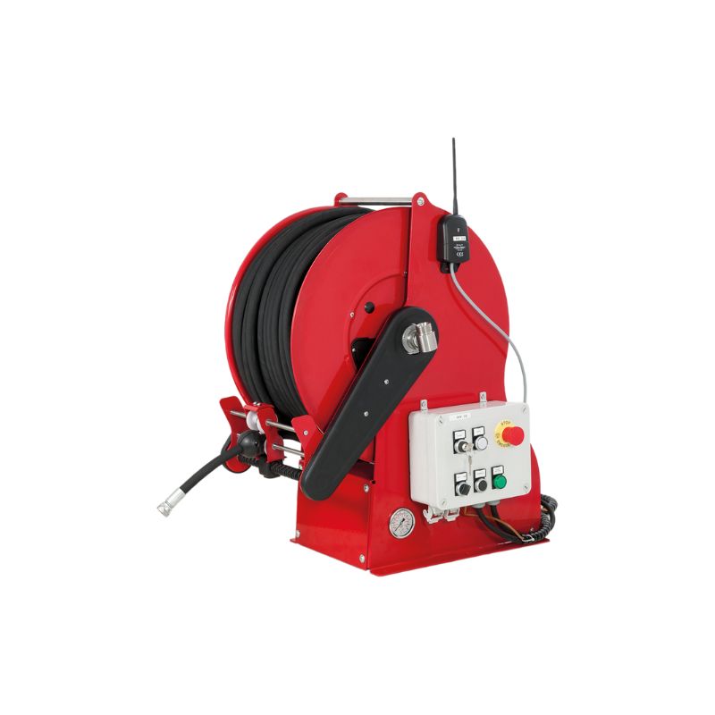 Painted steel electro-hydraulic 12 VDC motor-driven hose reel GEMINI series for max 25 mt Ø1" hoses - disc 540 mm - spool 260 mm - drum 250 mm - with control panel - with hose guide (w/o hose - w/o remote control), FLEXBIMEC (GF1252261)