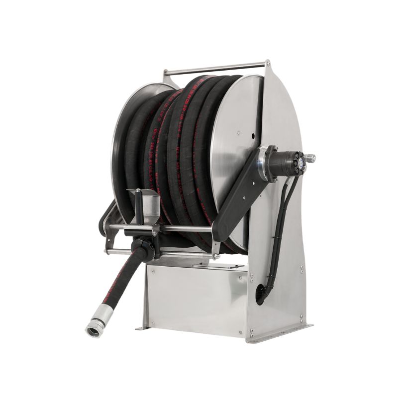 Painted steel electro-hydraulic 12 VDC motor-driven hose reel TITANO series for max 130 mt Ø1/2" hoses - disc 540 mm - spool 400 mm - drum 250 mm - with control panel - with manual hose guide (w/o hose - w/o remote control), FLEXBIMEC (TF1252400)