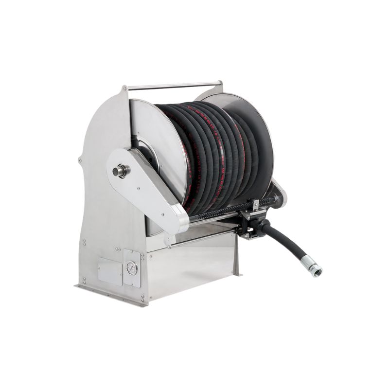 Stainless steel (AISI 304) electro-hydraulic 230 VAC motor-driven hose reel TITANO series for max 30 mt Ø1" hoses - disc 540 mm - spool 400 mm - drum 335 mm - with control panel - with manual hose guide (w/o hose - w/o remote control), FLEXBIMEC (TX2353401)