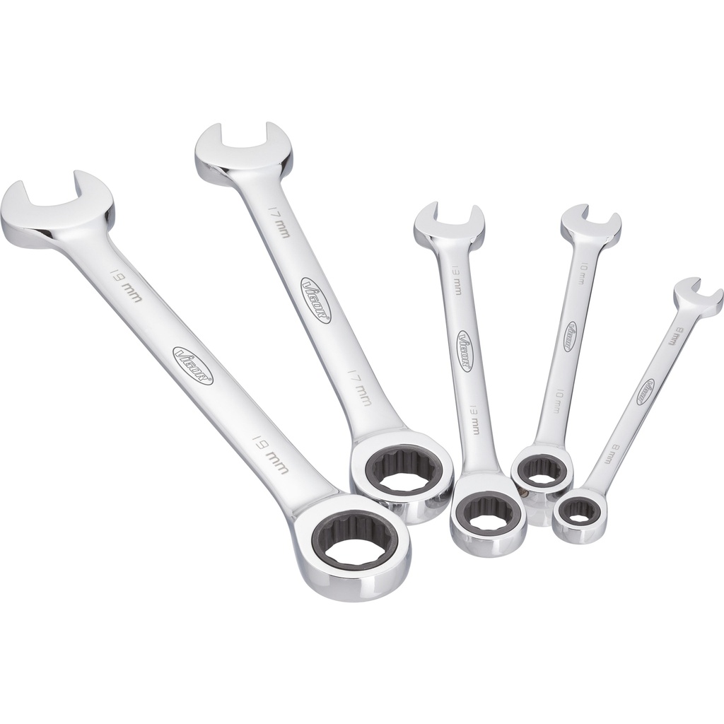 Ratcheting combination wrench set, long, 5 pcs (V2820, VIGOR)