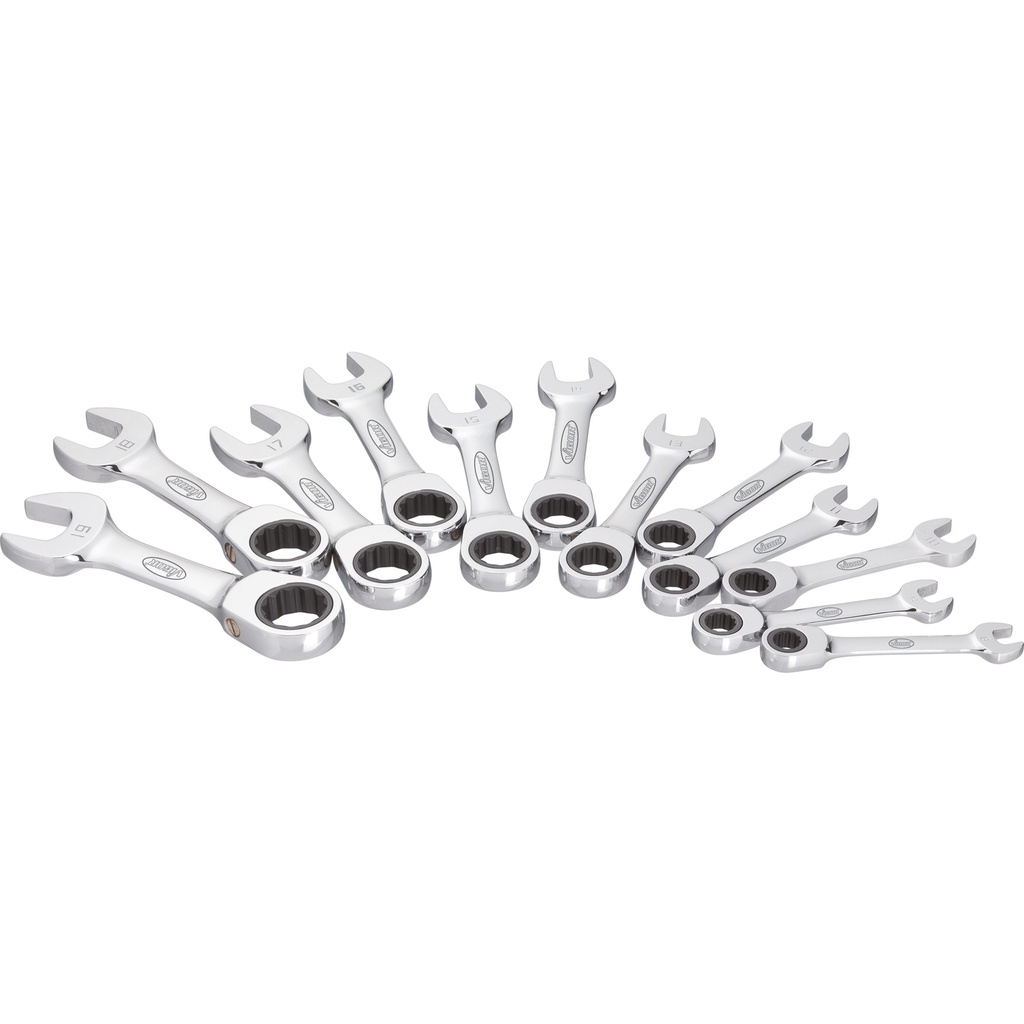 Ratcheting combination wrench set, short, size 8 - 19 mm, 12 pieces (V2821, VIGOR)
