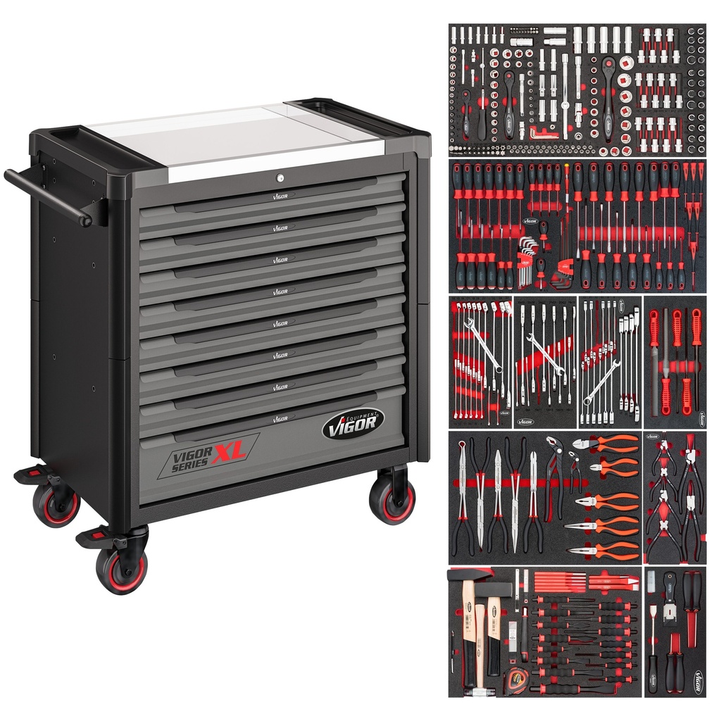 Tool trolley Series XL, stainless steel worktop, with assortment, 416 pieces (V4481/416, VIGOR)