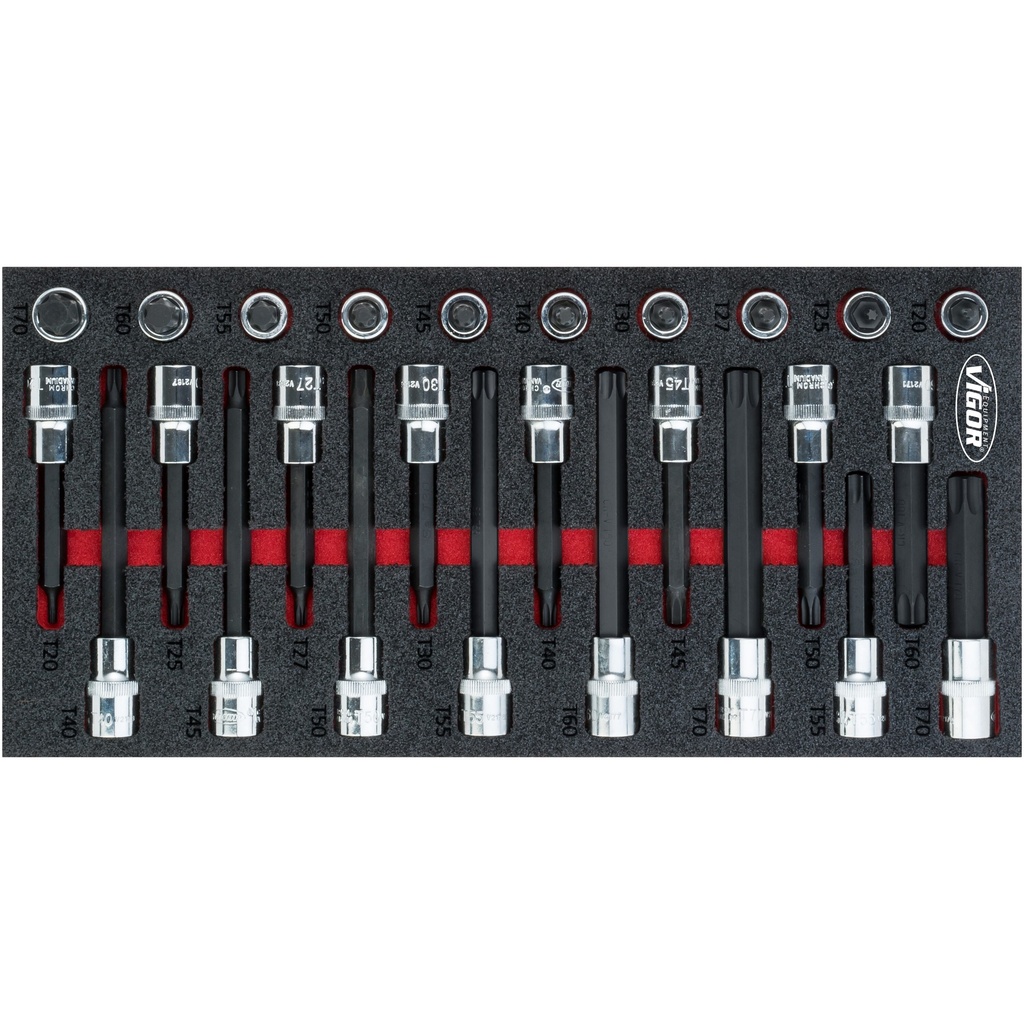 TORX skrūvgriežu galviņu komplekts, 1/2 collas, T20–T70, 26 gab. (V5095, VIGOR)