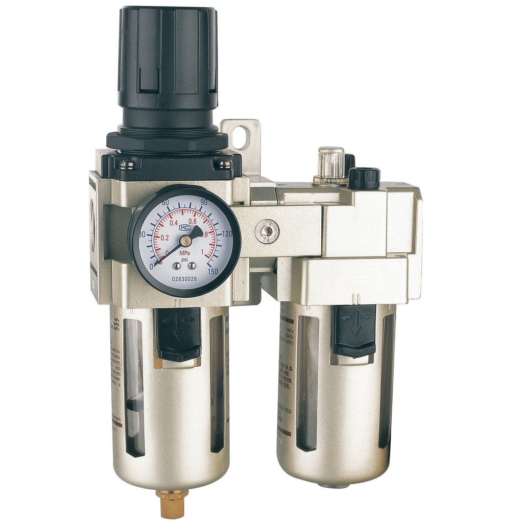 ⬡ Oro paruošimo blokas (filtras-reguliatorius-tepalinė) su automatiniu vandens nuleidimu 1/2" (AC401004, HYMAIR)