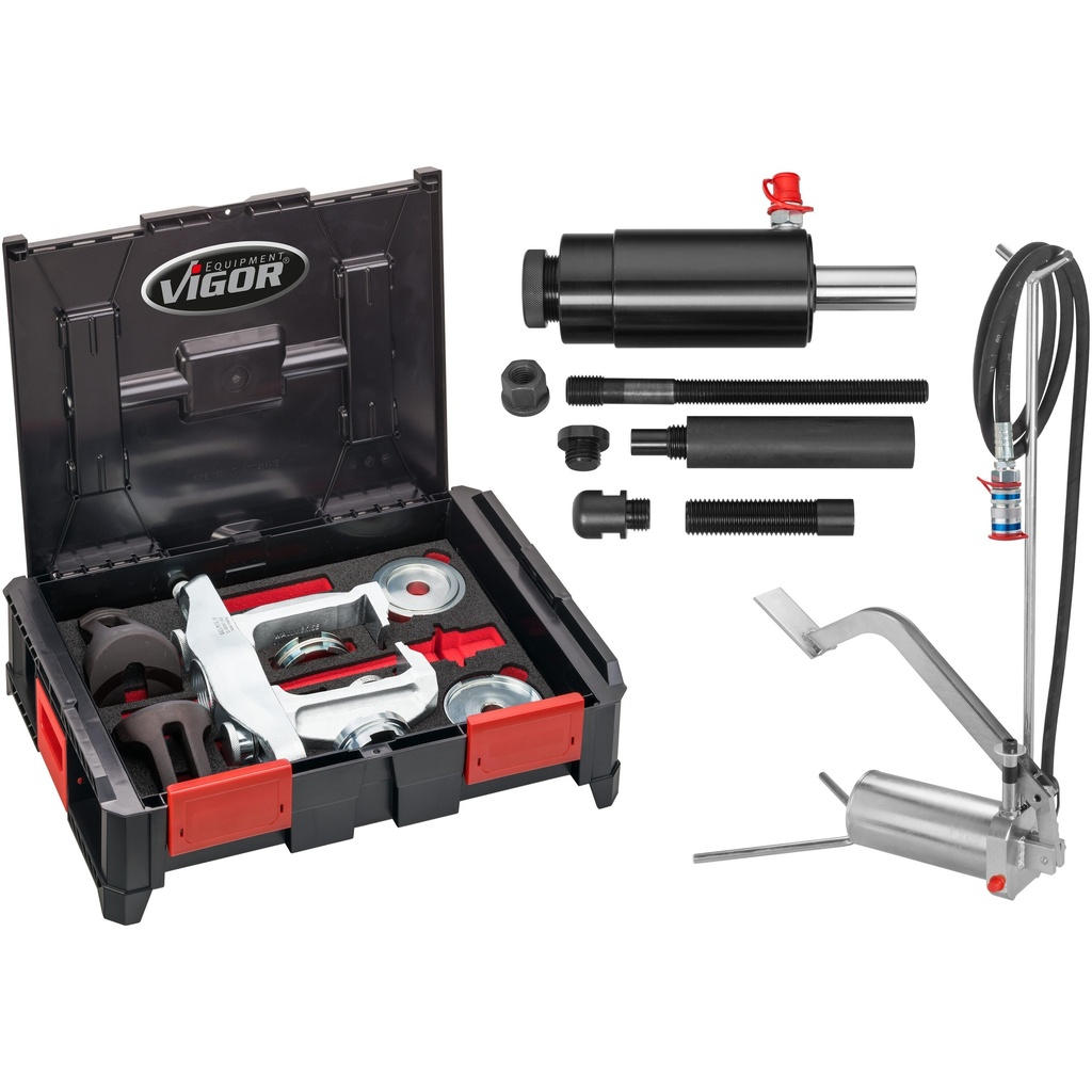Compact wheel bearing removal / installation set, with hydraulic foot pump (V5554, VIGOR)