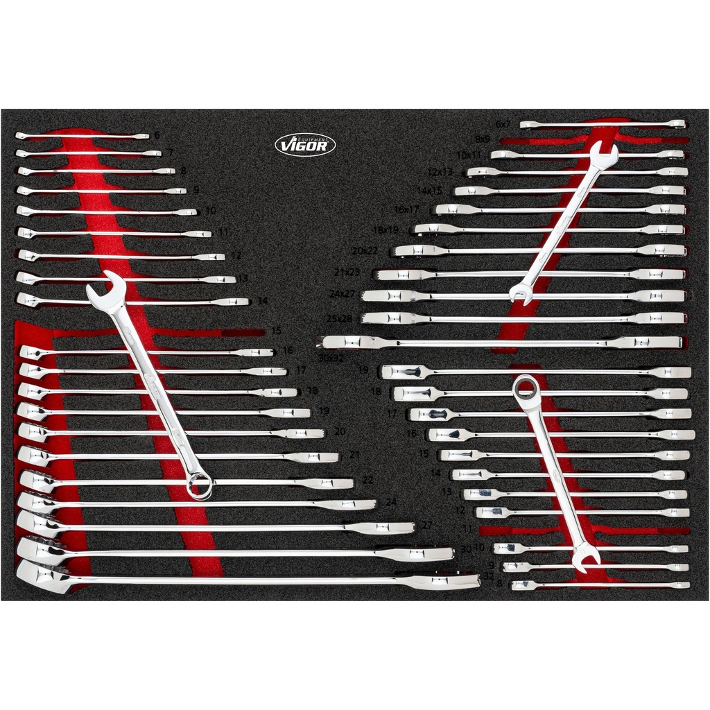 Uzgriežņatslēgu komplekts: divpusējās, kombinētās un sprūdrata kombinētās (V6724N, VIGOR)