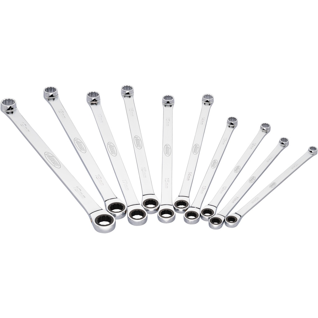 Terkšlinių uždarų veržliarakčių komplektas, ypač ilgi, 10 vnt., 10–19 mm (V7031, VIGOR)
