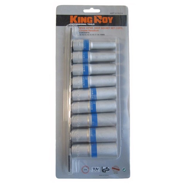 ⬡ Ilgų galvučių rinkinys 1/2" 9 vnt. 6-briaunės (KR317619, KINGROY)