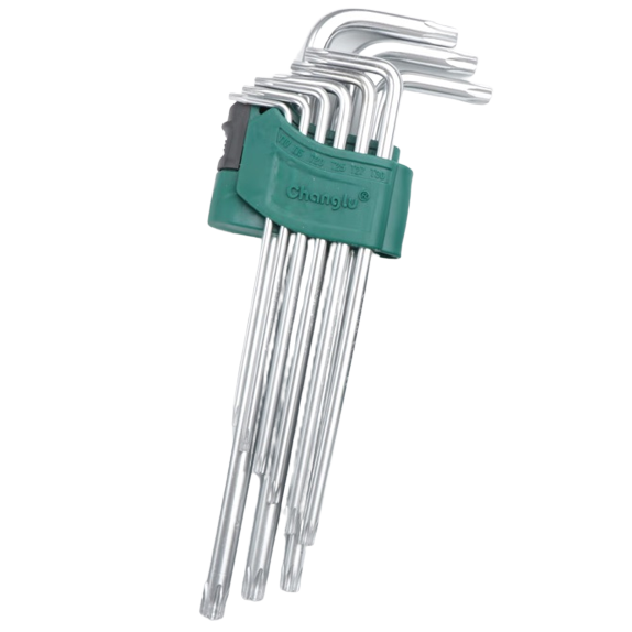 ⬡ L formos šešiabriaunis raktas TORX ilgas rinkinys 9 vnt. (T10-T50) su skyle (CL402002, CHANGLU TOOLS)