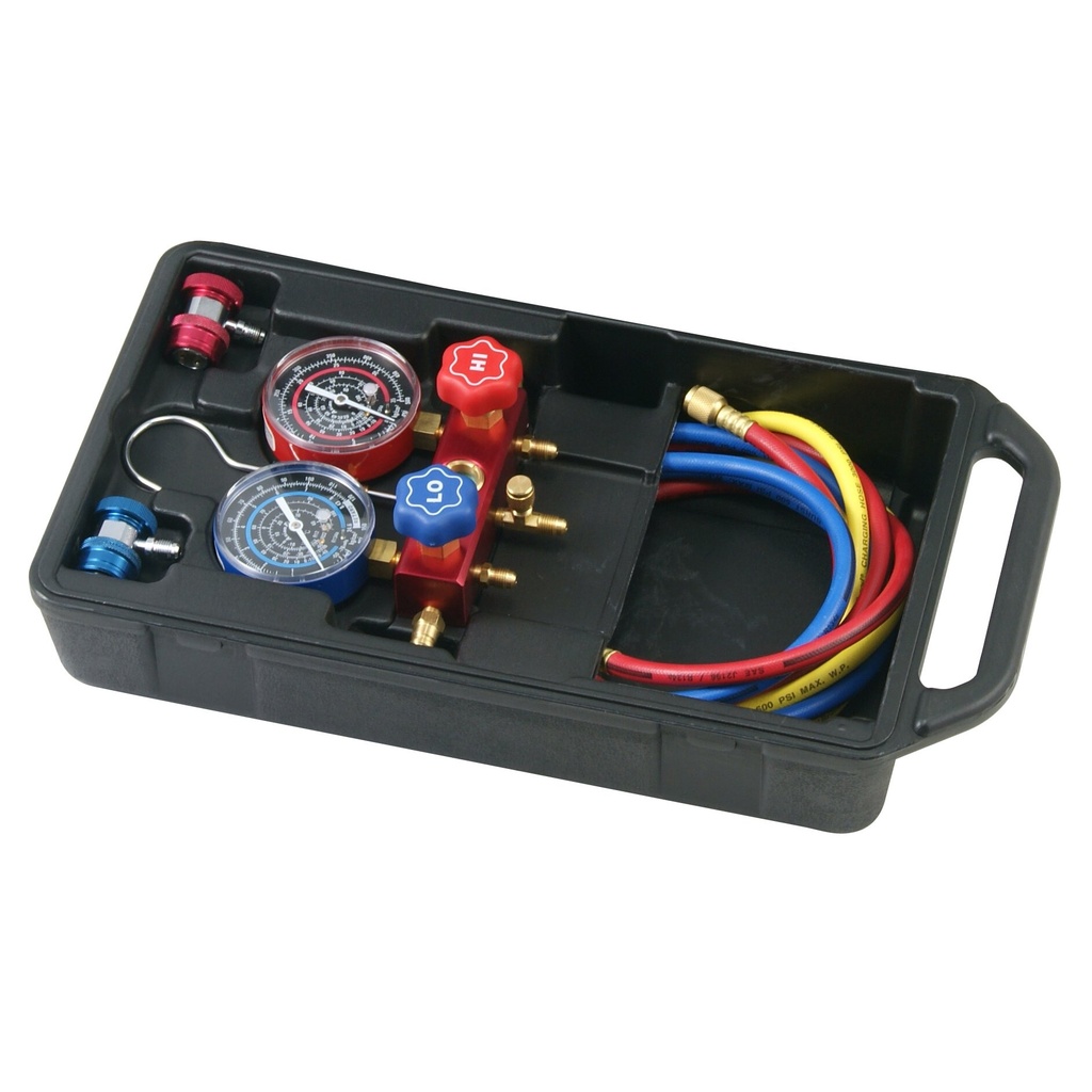 ⬡ Manometrų blokas šaltnešiui R134a/R12 (AT3030A, ELLIENT TOOLS)