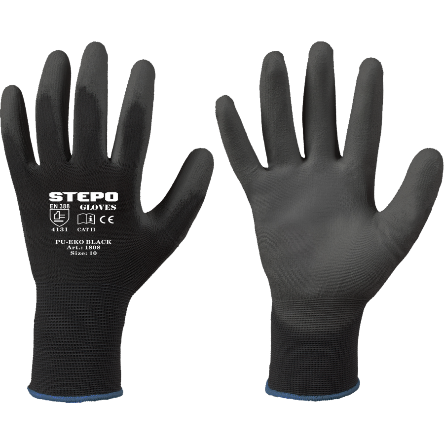 ⬡ Work gloves coated PU-EKO Black 7 (M) Black (1808BLACK7)