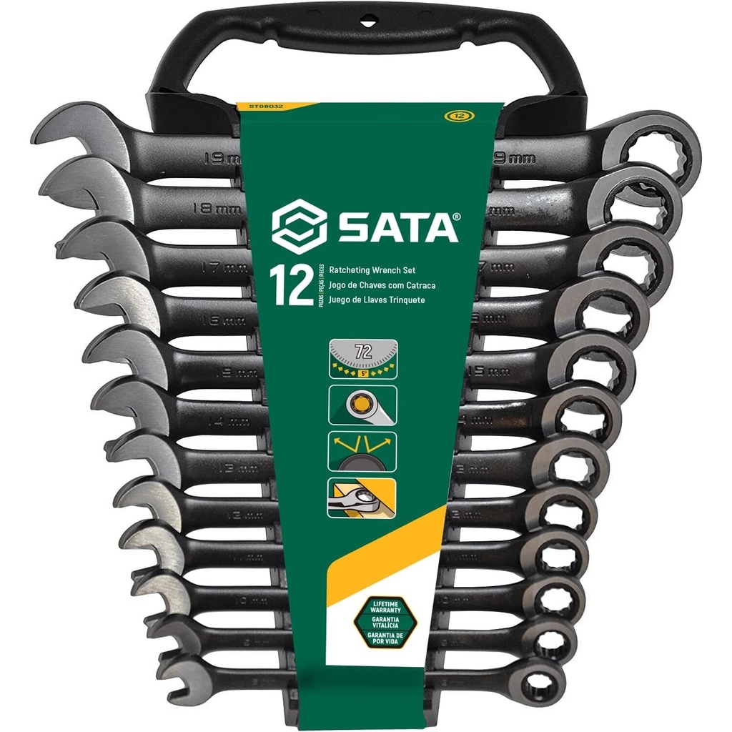 ⬡ Combination ratcheting wrench set 12pcs (8-19mm) black (ST08032, SATA)