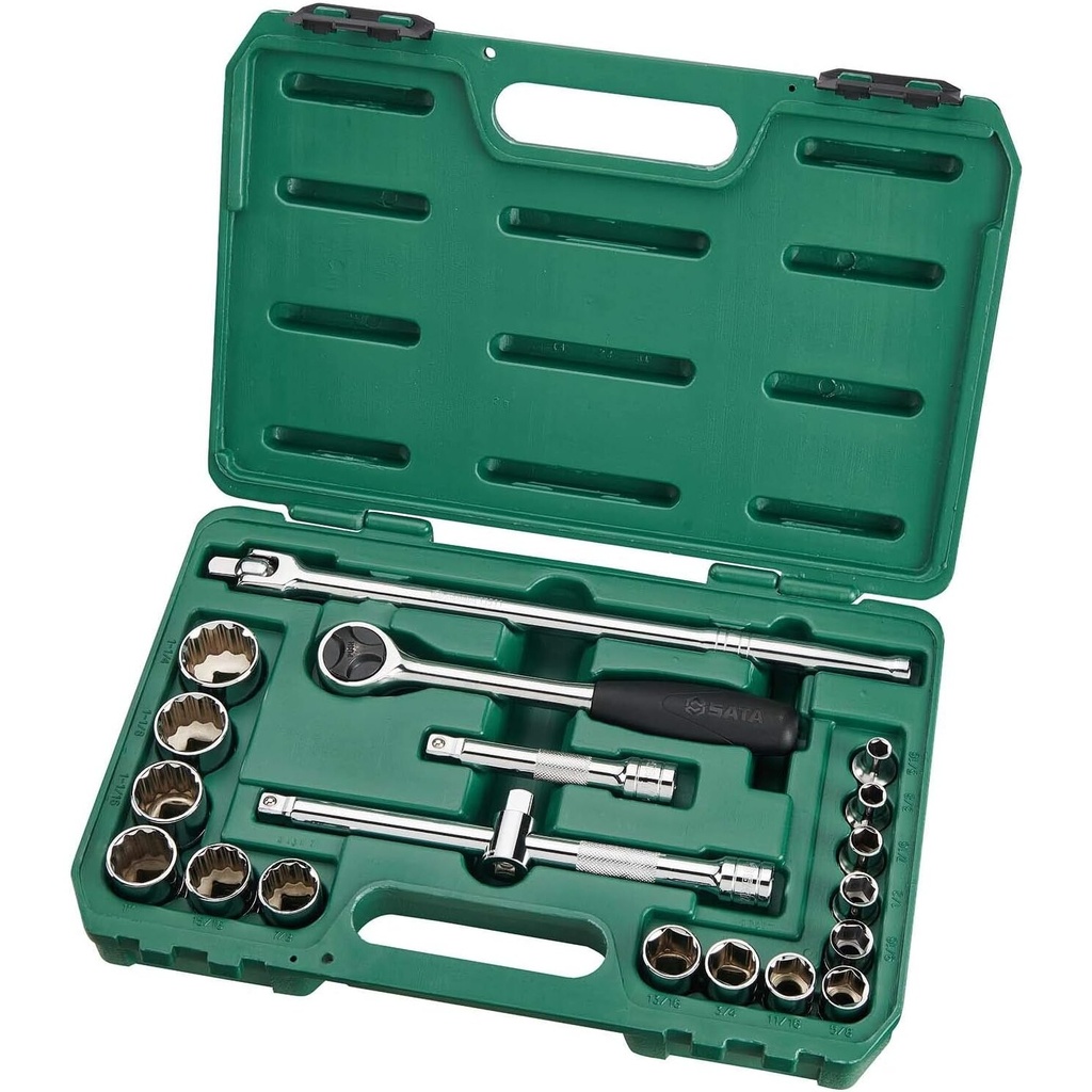 ⬡ Galvučių rinkinys 1/2" 20 vnt. 6-briaunis+12-briaunis (5/16"-1-1/4") (S.A.E.) (ST09087SJ, SATA)
