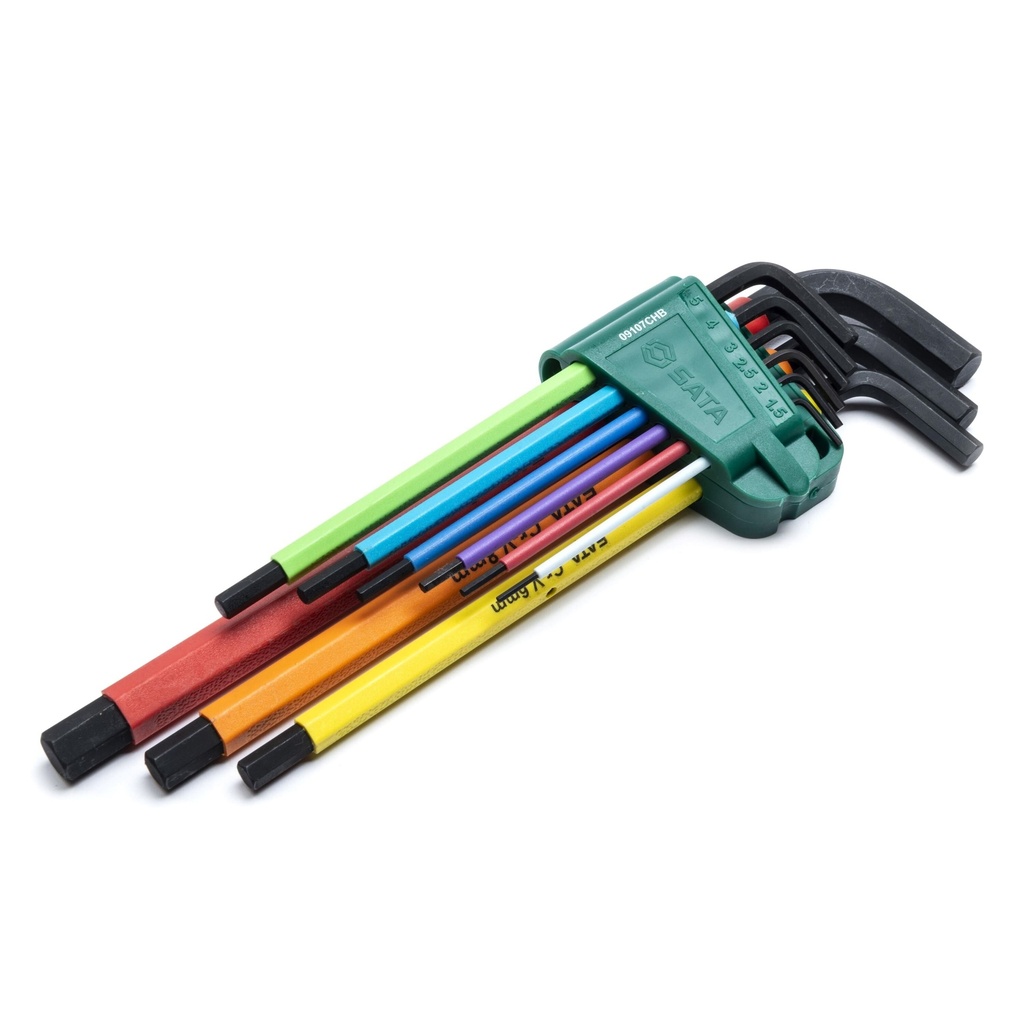 ⬡ L formos rankenos šešiabriaunis raktas ypač ilgas spalvotas su rutuliniu galu rinkinys 9 vnt. (1,5-10 mm) (ST09107CHBSJ, SATA)