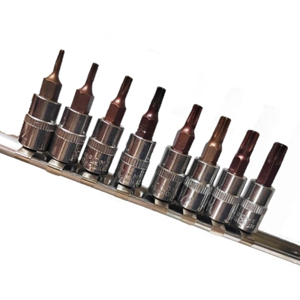 ⬡ TORX antgalių galvučių rinkinys 1/4" 8 vnt. T8-T40 (KRKDP03)