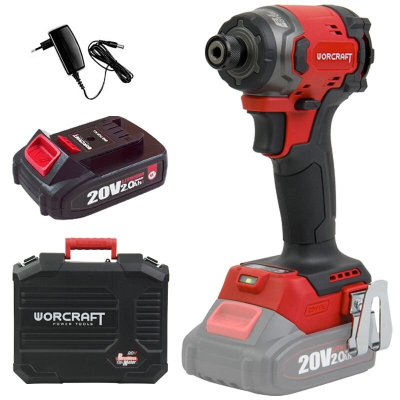 ⬡ Li-Ion beanglinis akumuliatorinis smūginis suktuvas 1/4'' HEX WORCRAFT 20V (BMC) 2.0Ah (CISS20LiBM260, WORCRAFT)