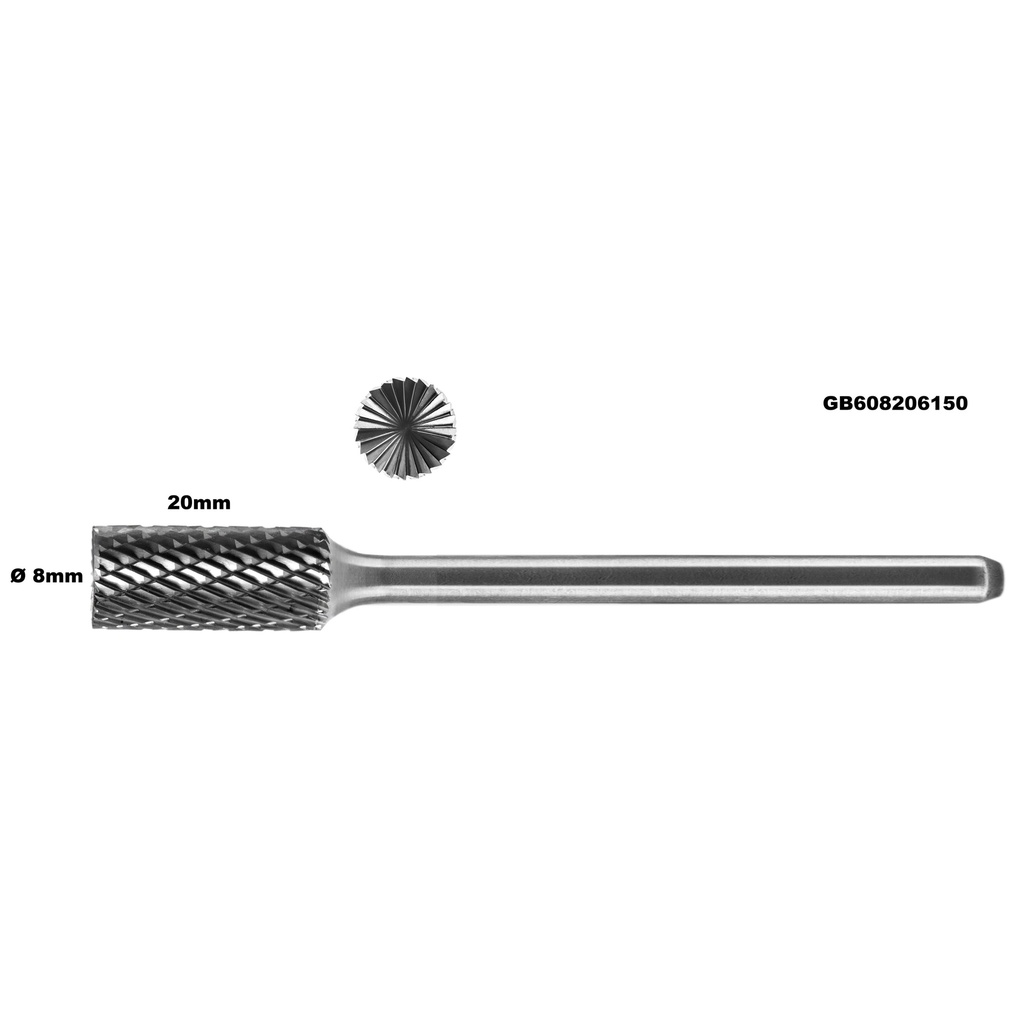 ⬡ Ilga kietmetalio freza B formos cilindras (ZYAS) su galiniu pjūviu Ø8 mm (GB608206150)