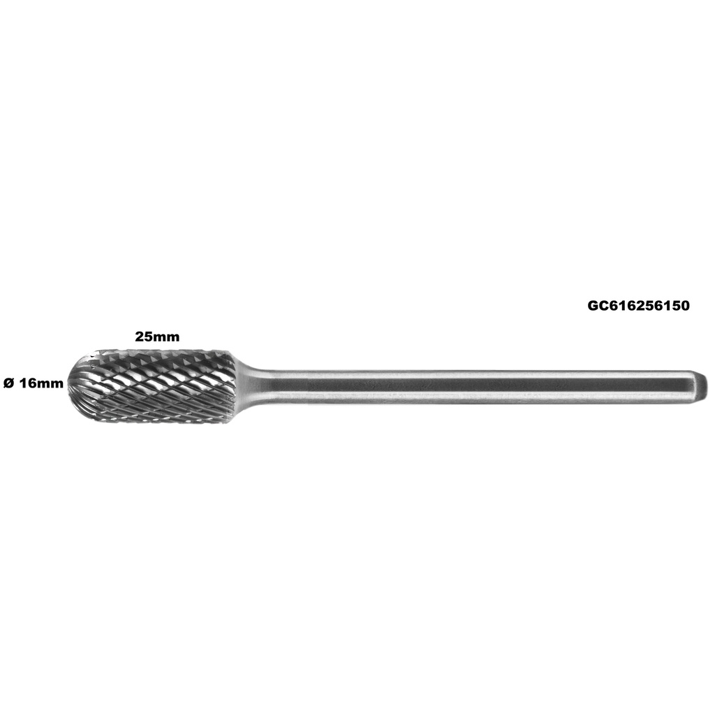 ⬡ Prailginta freza kietmetalio C cilindro formos užapvalinta Ø 16 x 25mm (GC616256150)