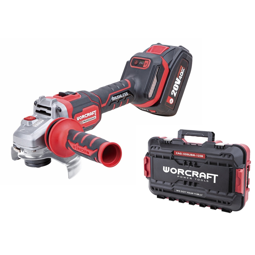⬡ Akumuliatorinis beanglinis kampinis šlifuoklis 125 mm WORCRAFT 20V LI-ION (BMC dėžėje) (CAGS20LiBM125B, WORCRAFT)