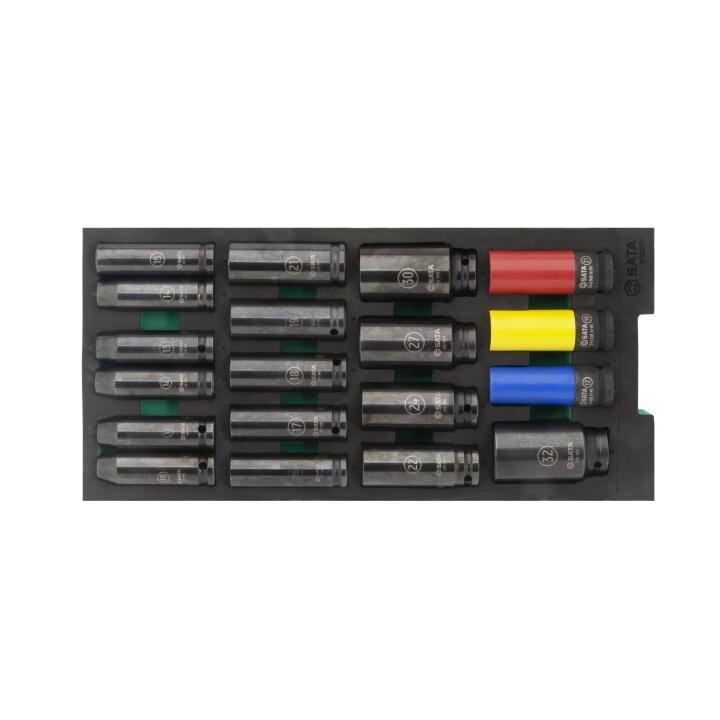 ⬡ Dėklas. 1/2" smūginių ilgų galvučių rinkinys 19 vnt. (ST09007G, SATA)