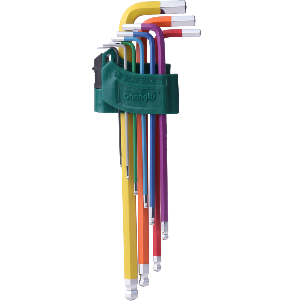 ⬡ L-Handle Hex key extra long colored ball point set 9pcs (1.5-10mm) (CL402112, CHANGLU TOOLS)