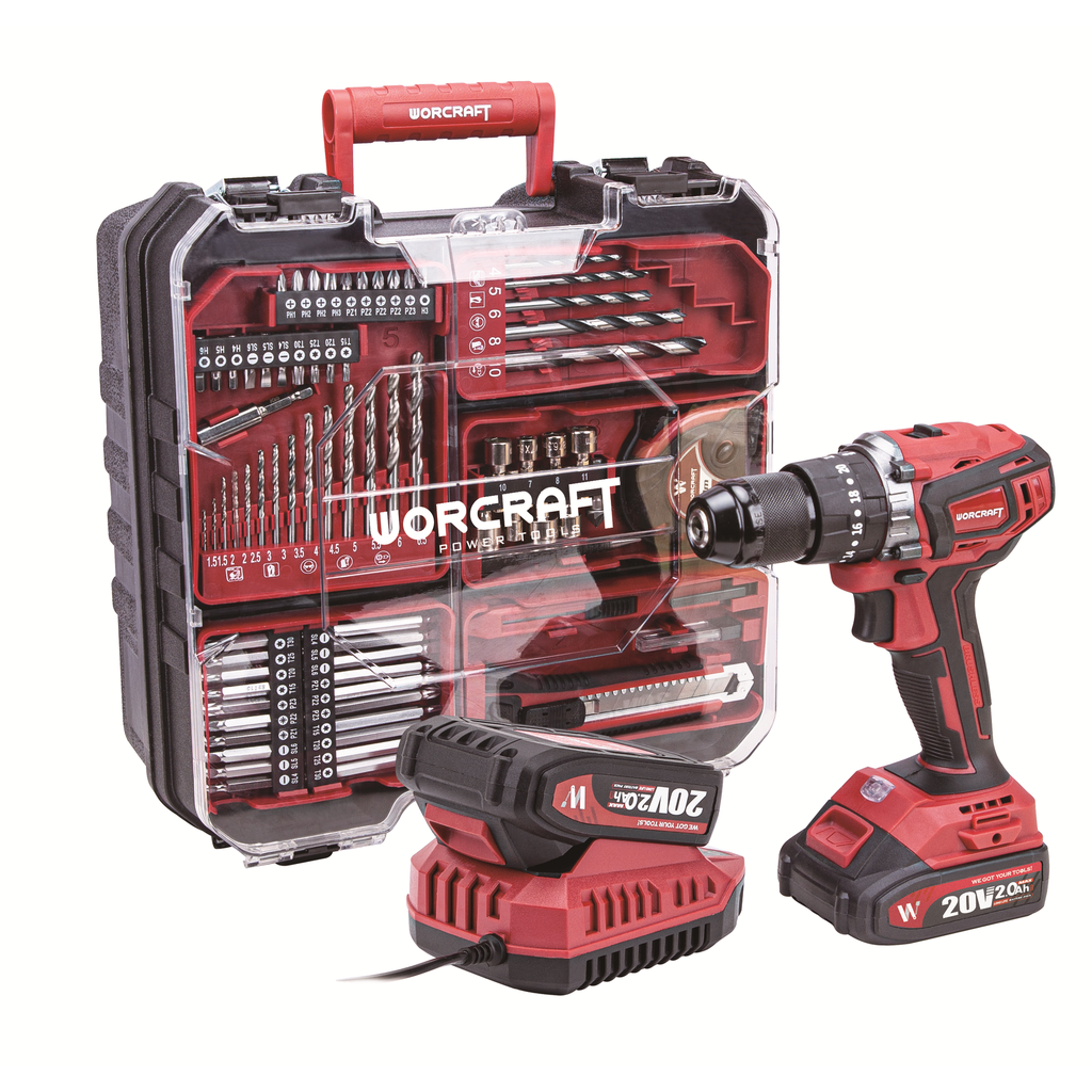 ⬡ Li-ion Cordless Driver / Drill WORCRAFT 20V with accesory kit 78pcs, 2x2.0Ah (CHDS20LiBES, WORCRAFT)