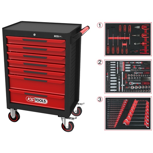 [897.7215SB] ECOline instrumentu ratiņi ar 215 instrumentiem, melni/sarkani, ar 100381 un 100105 (897.7215SB, KS TOOLS)
