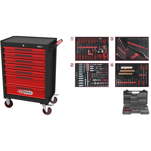[897.7515SB] ECOline instrumentu ratiņi ar 515 instrumentiem, melni/sarkani, ar 100381 un 100105 (897.7515SB, KS TOOLS)