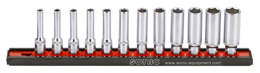 [101204] Flank socket set 1/4" 6-point deep on rail 12-pcs. (101204, SONIC)