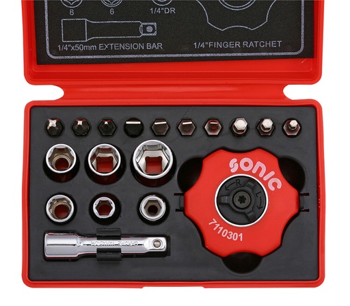 [101901] Ratchet 1/4 with sockets and adapters, 19 pcs (101901, SONIC)