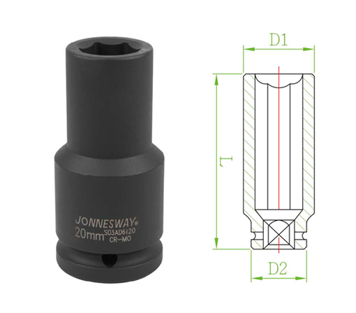 [S03AD6120] 3/4"DR 6PT FLANK DEEP IMPACT SOCKET, SIZE: 20MM (S03AD6120, JONNESWAY)