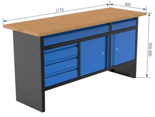 [05.088.161] Workbench with 5 drawers and 2 doors, 1710×600×885 mm (05.088.161, MARCO TOOLS)