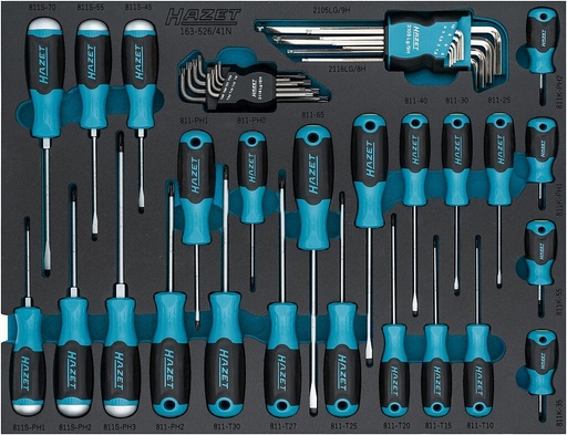 [163-526/41N] Skrūvgriežu komplekts, 41 gab. – plakanais, PH krustveida, iekšējais TORX, iekšējais sešstūris (163-526/41N, HAZET)