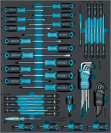 [163D-6/53N] Screwdriver set, 53 pcs – slot, PH cross recess, PZ Pozidriv, inside TORX, inside hex (163D-6/53N, HAZET)