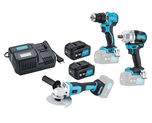 [9500P-1/6] Akumuliatorinių įrankių rinkinys: gręžtuvas, 1/2" smūginis veržliasukis, kampinis šlifuoklis, 6 vnt. (9500P-1/6, HAZET)